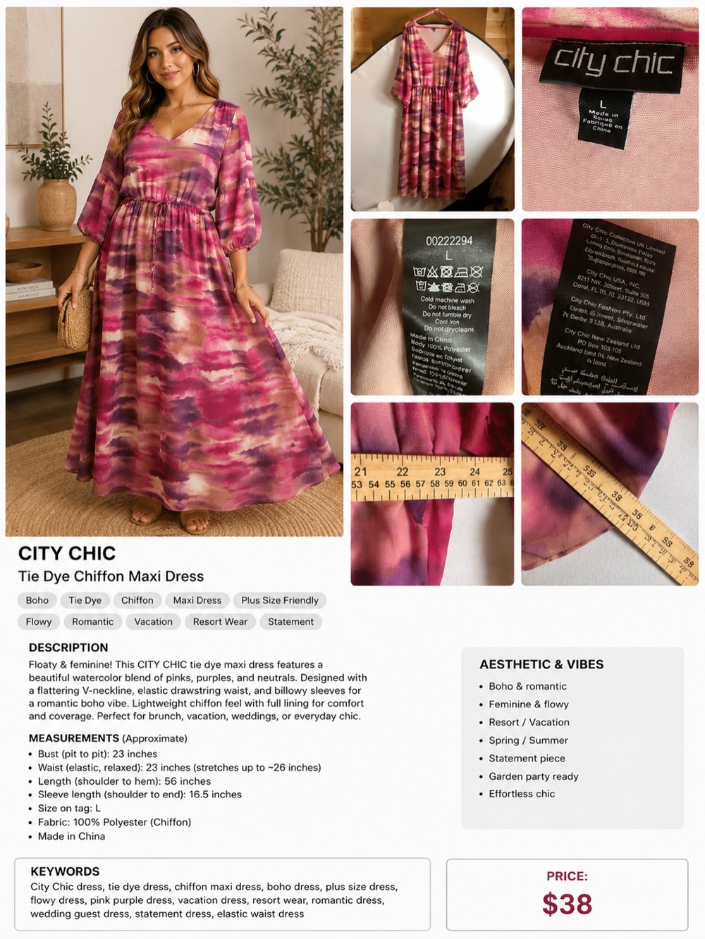 City Chic Pink & Purple Tie Dye Chiffon Maxi Dress